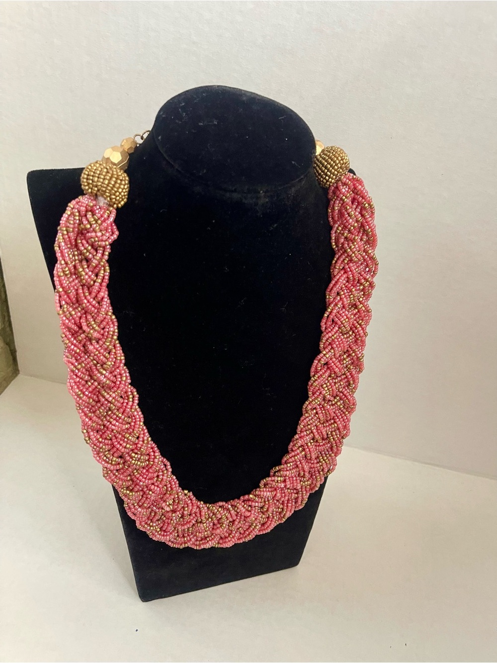 VTG 90s Pink & Gold Multi-Strand Braided Seed Bead Statement Necklace 24”.